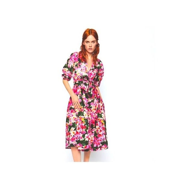 Zara Pink Floral Midi Dress w/ Waist tie - Picture 1 of 7